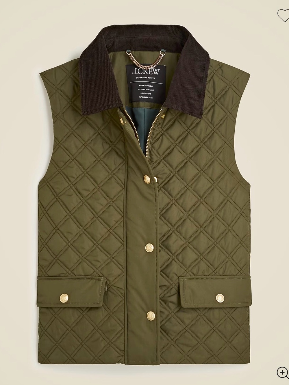 J. Crew Quilted Barn Vest. Olive Green with Brown Corduroy Collar